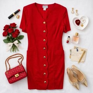 Kenar Wms Linen Dress 14 Red Scalloped Button Front Vtg 90s Power Chic Americana